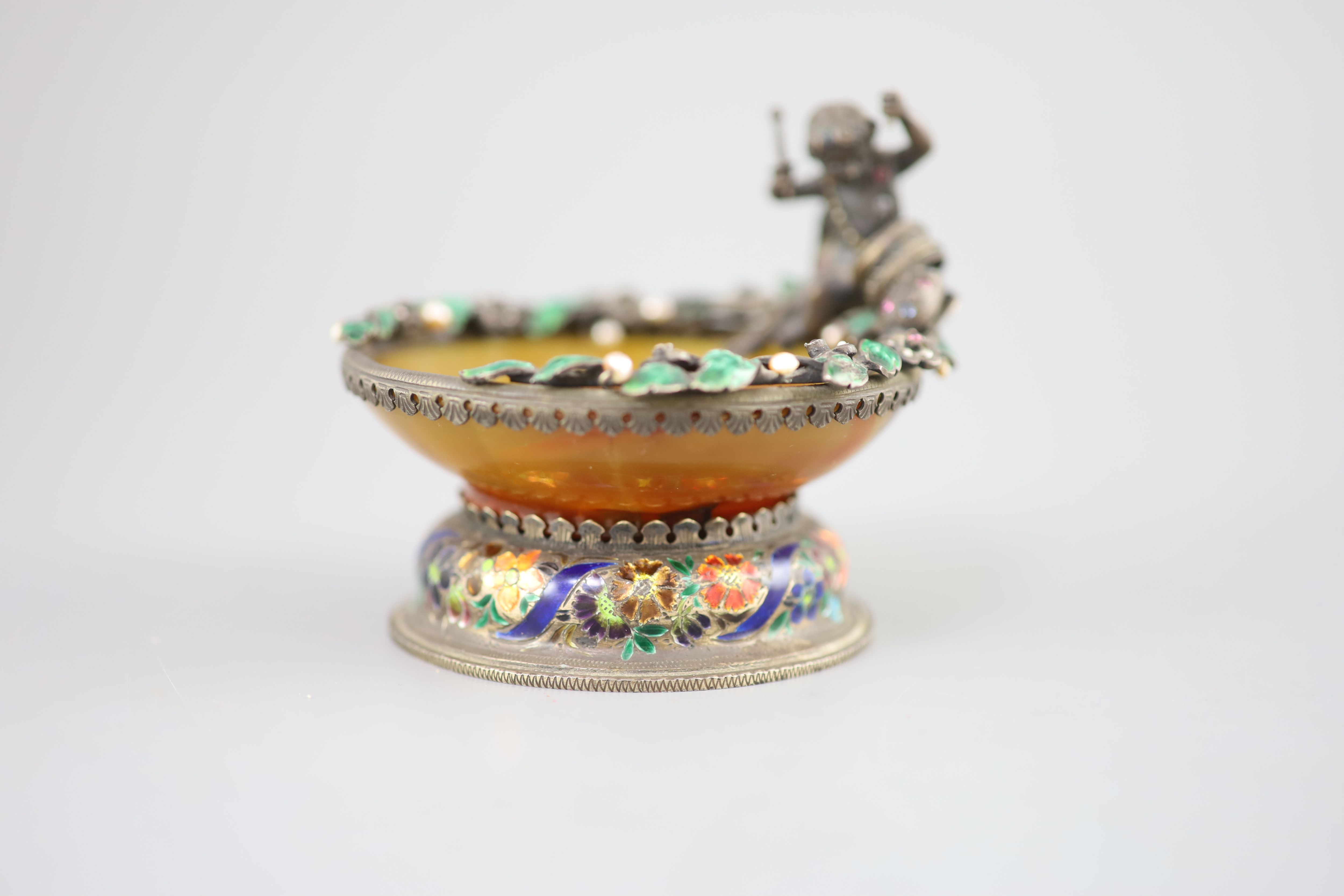 A 19th century Austro-Hungarian silver, green enamel and gem set mounted agate table salt